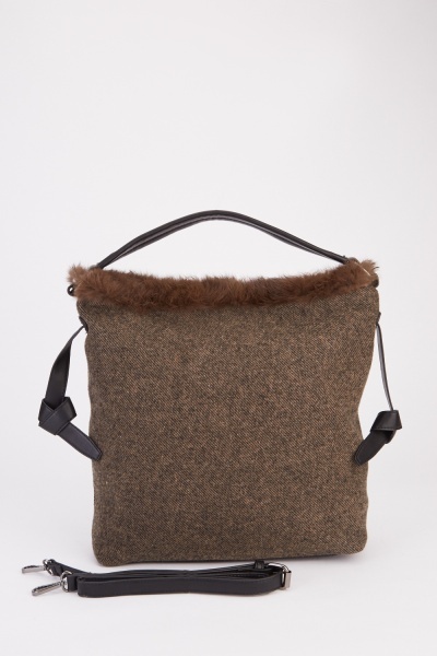 Contrasted Fur Trim Single Handled Bag