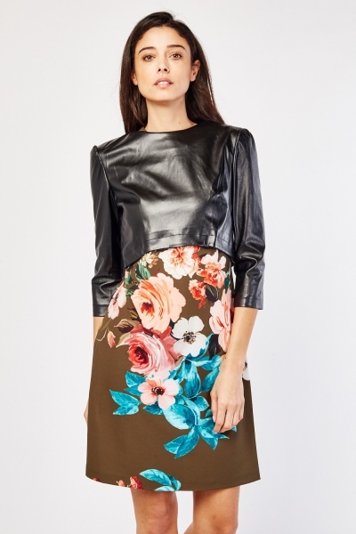 Faux Leather Overlay Floral Dress