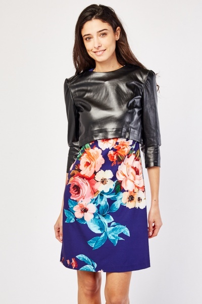 Faux Leather Overlay Floral Dress