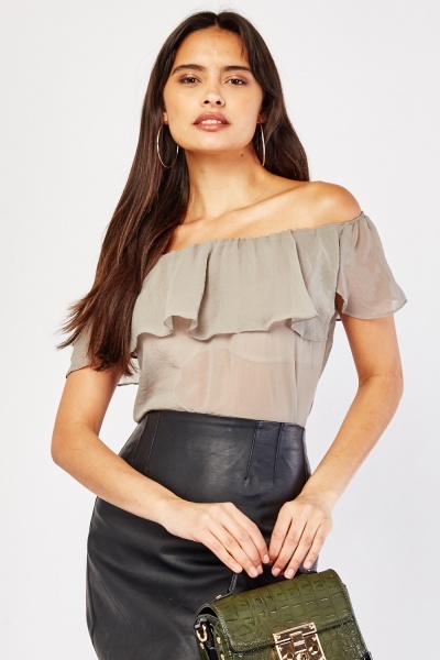 Off Shoulder Ruffle Sheer Top