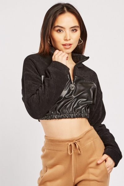 Faux Leather Contrast Crop Pullover