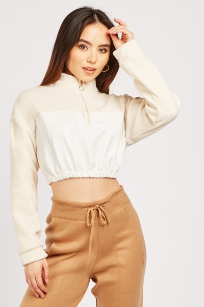 Faux Leather Contrast Crop Pullover