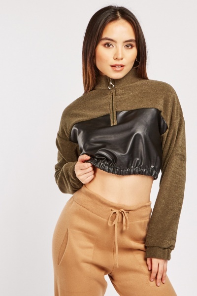 Faux Leather Contrast Crop Pullover