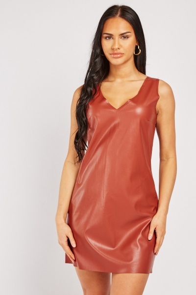 V Neck Faux Leather Dress