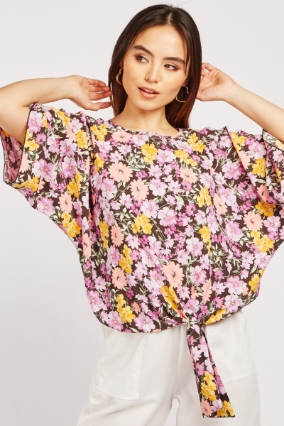 Tie Up Hem Printed Blouse