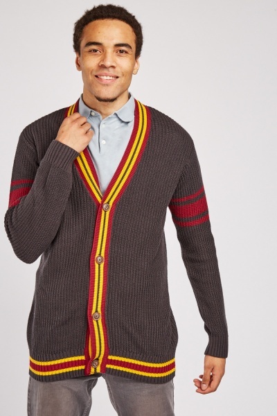 V-Neck Striped Trim Knitted Cardigan