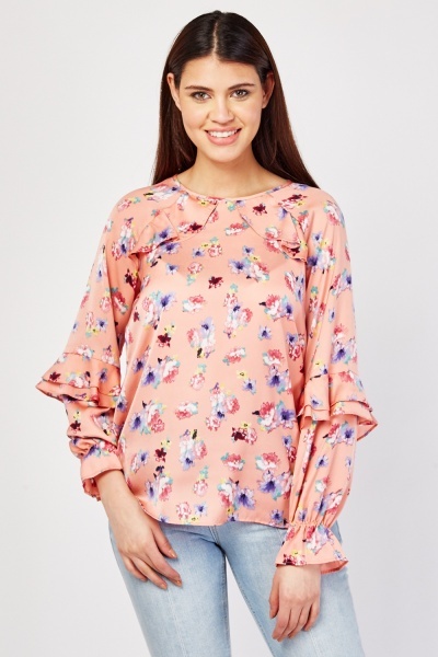 Tiered Sleeve Floral Print Blouse