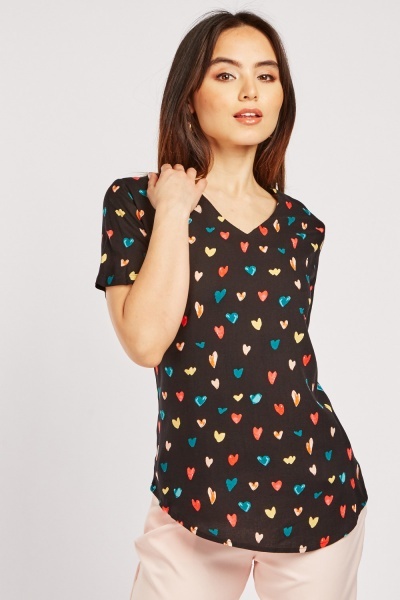 Heart Print V-Neck Blouse