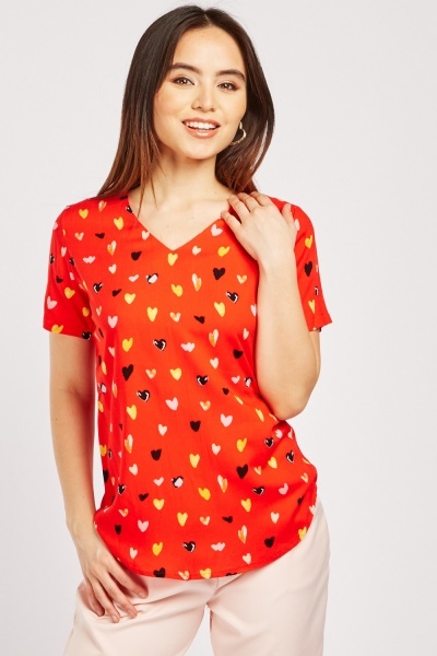 Heart Print V-Neck Blouse