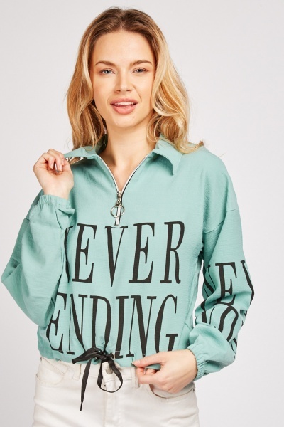 Printed O-Ring Zipper Crop Sweatshirt