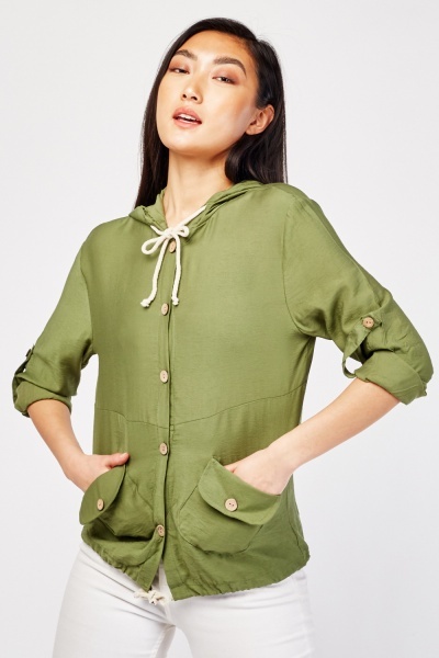 Button Front Hooded Top