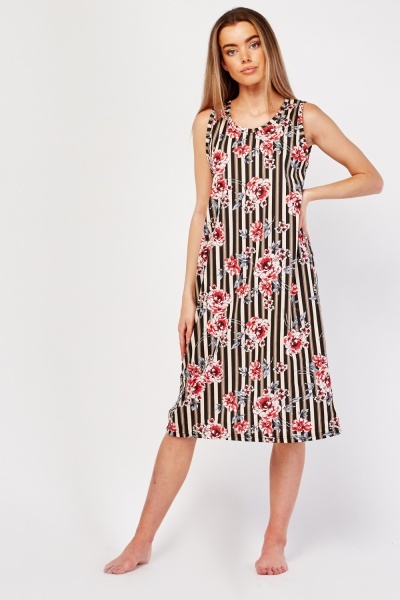 Floral Striped Contrast Night Dress
