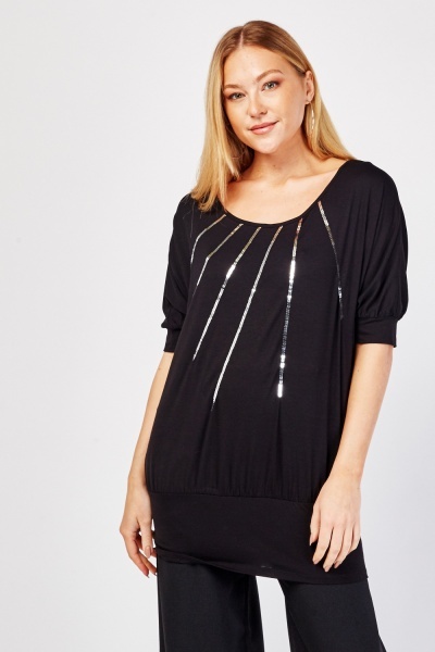 Sequin Trim Short Sleeve Top