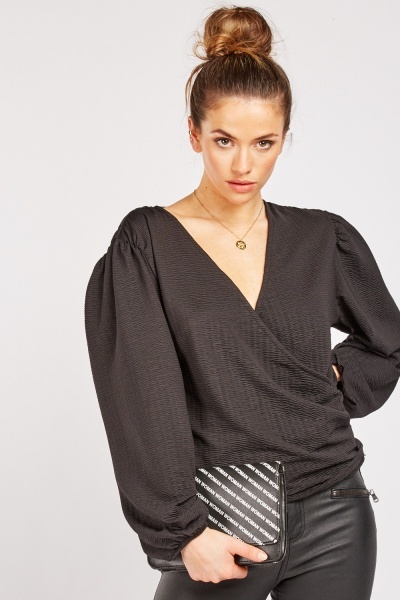 Textured Low Plunge Wrap Blouse