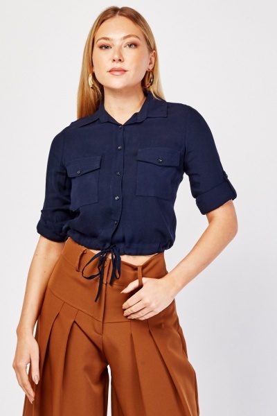 Flap Pockets Drawstring Cropped Shirt