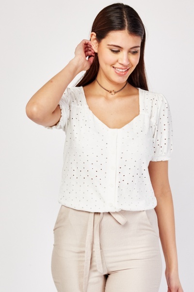 Frilly Short Sleeve Perforated Top