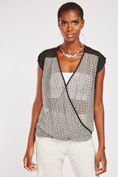 Sheer Windowpane Print Wrap Top