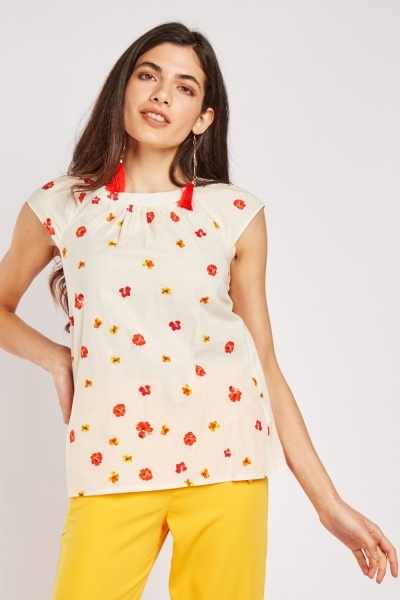 Cap Sleeve Flower Print Blouse