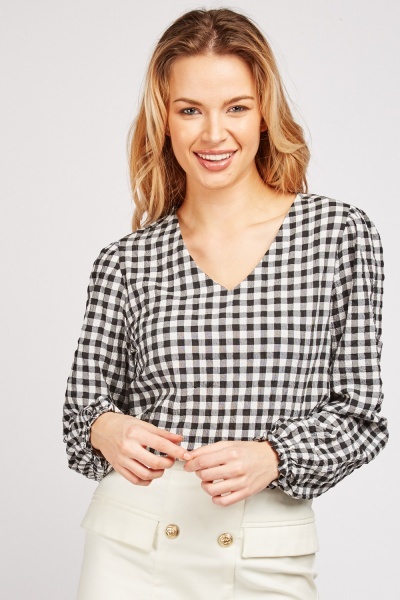 V Neck Gingham Blouse