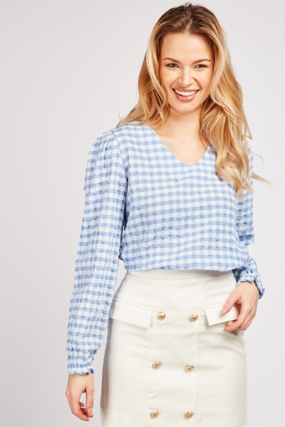 V Neck Gingham Blouse