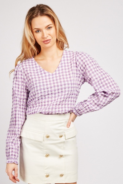 V Neck Gingham Blouse