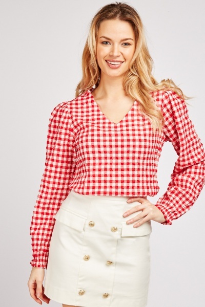 V Neck Gingham Blouse