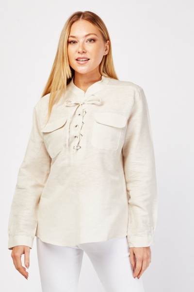 Flap Pockets Lace Up Blouse