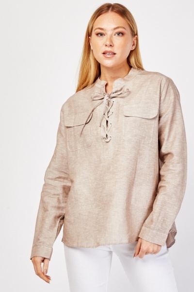 Flap Pockets Lace Up Blouse