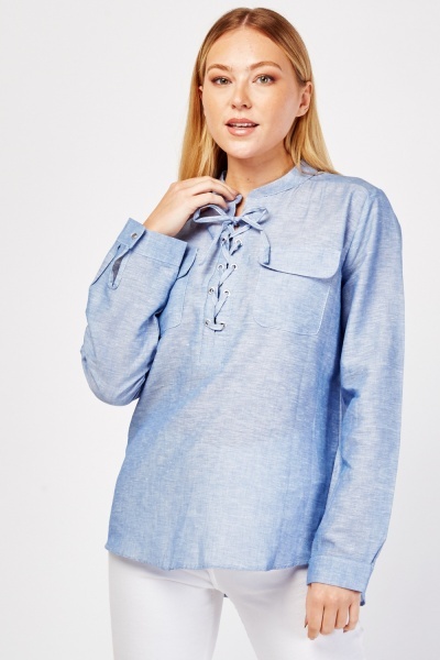 Flap Pockets Lace Up Blouse