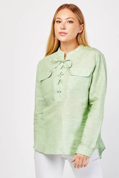 Flap Pockets Lace Up Blouse