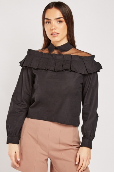 Frill Hem Mesh Insert Blouse