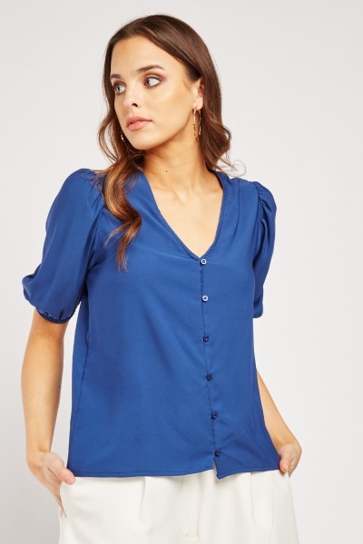 Gathered Sleeve Dark Blue Blouse