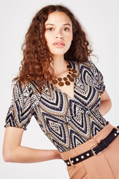 Tribal Print Shirred Crop Top