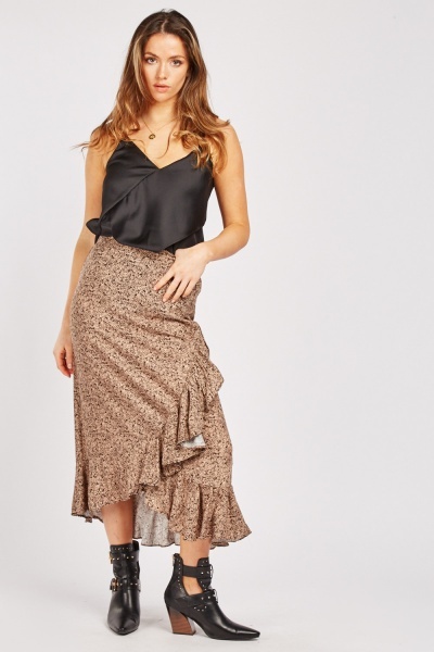 Calico Print Ruffle Midi Skirt