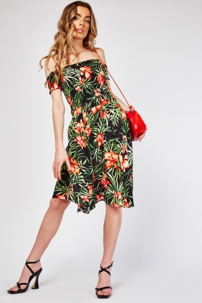 Tropical Print Off Shoulder Dress