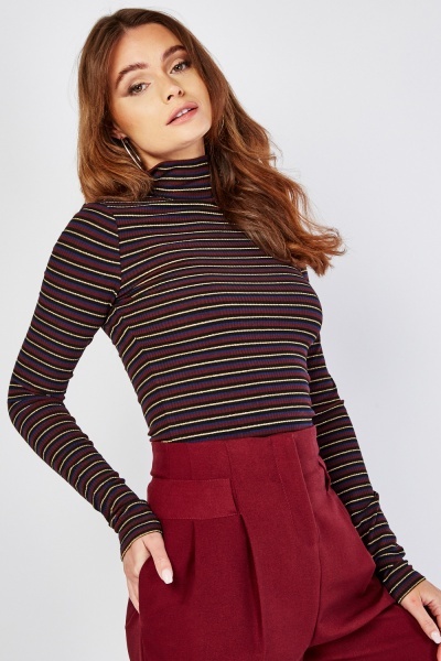 Turtle Neck Striped Long Sleeve Top