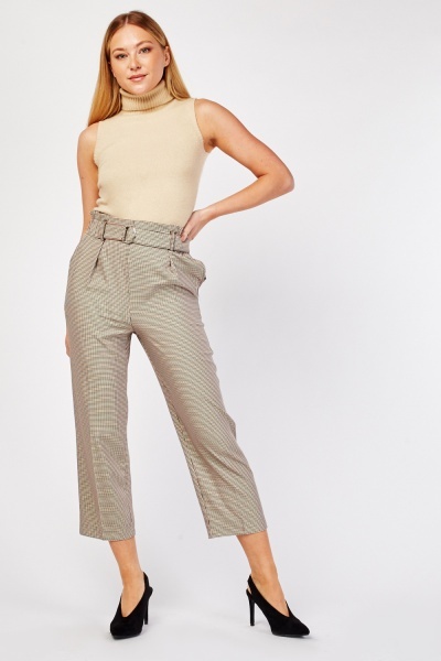 D-Ring Belted Plaid Tapered Trousers