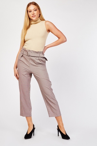 D-Ring Belted Plaid Tapered Trousers