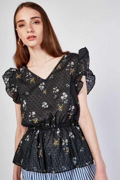 Image of Floral Print Frilly Waist Top