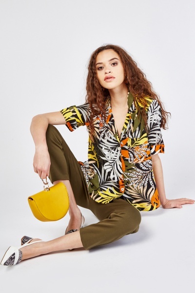 Tropical Print Short Sleeve Blouse