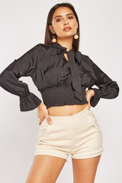 Tie Neck Shirred Ruched Crop Top