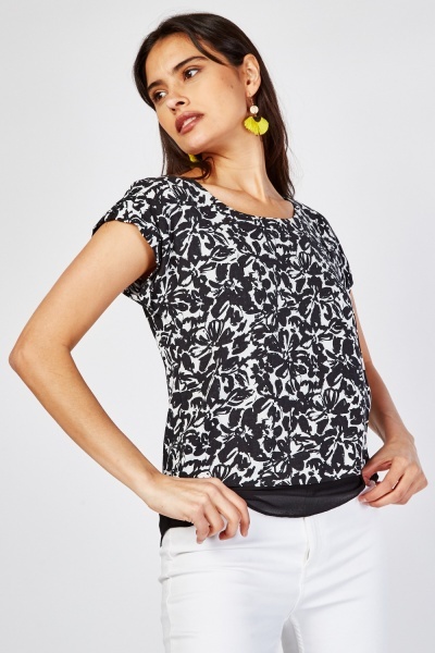 Contrasted Hem Floral Top