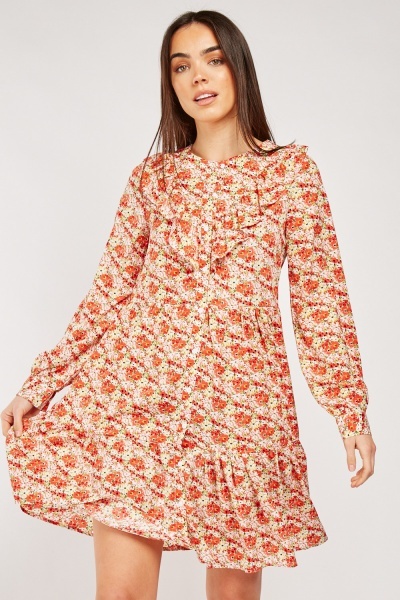 Frill Floral Print Tiered Smock Dress