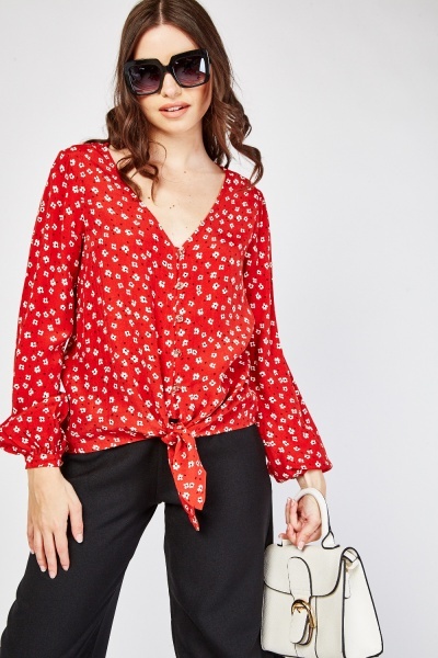 Tie Up Front Floral Pattern Shirt