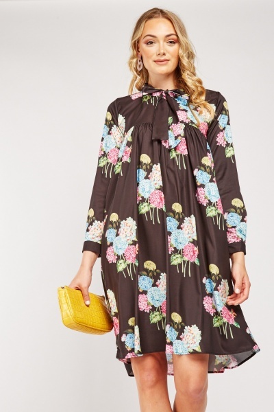 Floral Pussybow Smock Dress