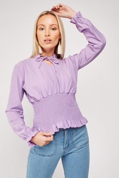 Tie Up Neck Shirred Blouse