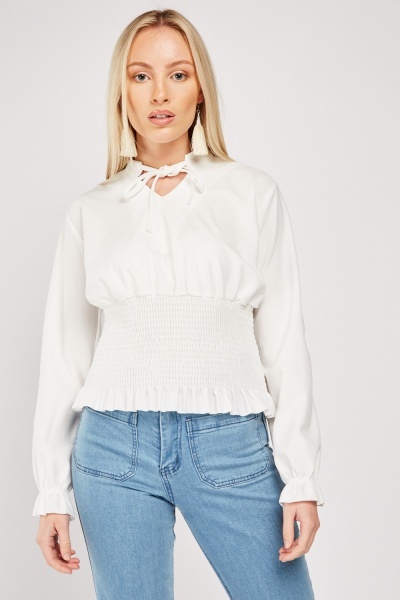 Tie Up Neck Shirred Blouse