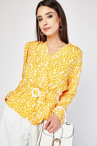 O-Ring Belted Flower Print Top