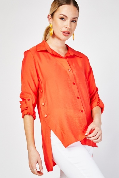 Button Trim Roll Up Sleeve Top