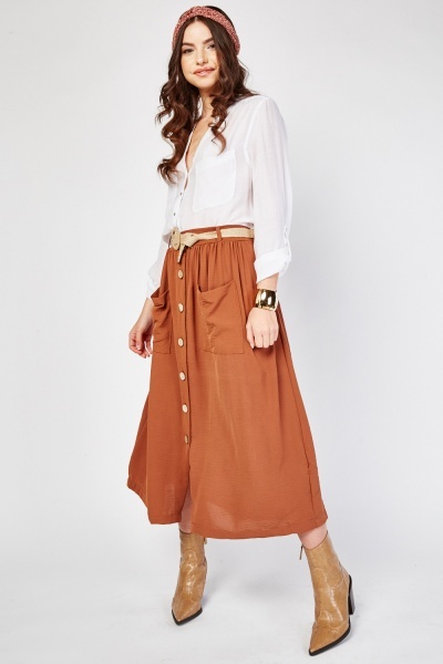 Belted Front Pocket Midi Skirt